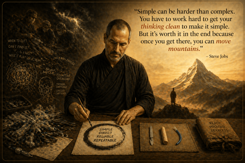 A person sitting at a table writing, surrounded by various tools and sketches. In the background, a mountain landscape is visible. The image features a quote by Steve Jobs emphasizing simplicity and hard work.