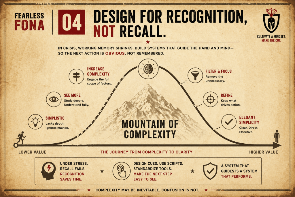 Infographic titled 'Design for Recognition, Not Recall' highlighting the importance of designing systems that aid memory in crisis situations, featuring a mountain symbolizing the journey from complexity to clarity.