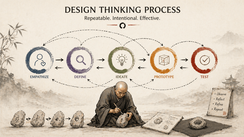 An illustrated diagram of the Design Thinking Process featuring five stages: Empathize, Define, Ideate, Prototype, and Test. A monk is shown carving stones at the bottom, symbolizing the iterative nature of the process, which is described as repeatable, intentional, and effective.