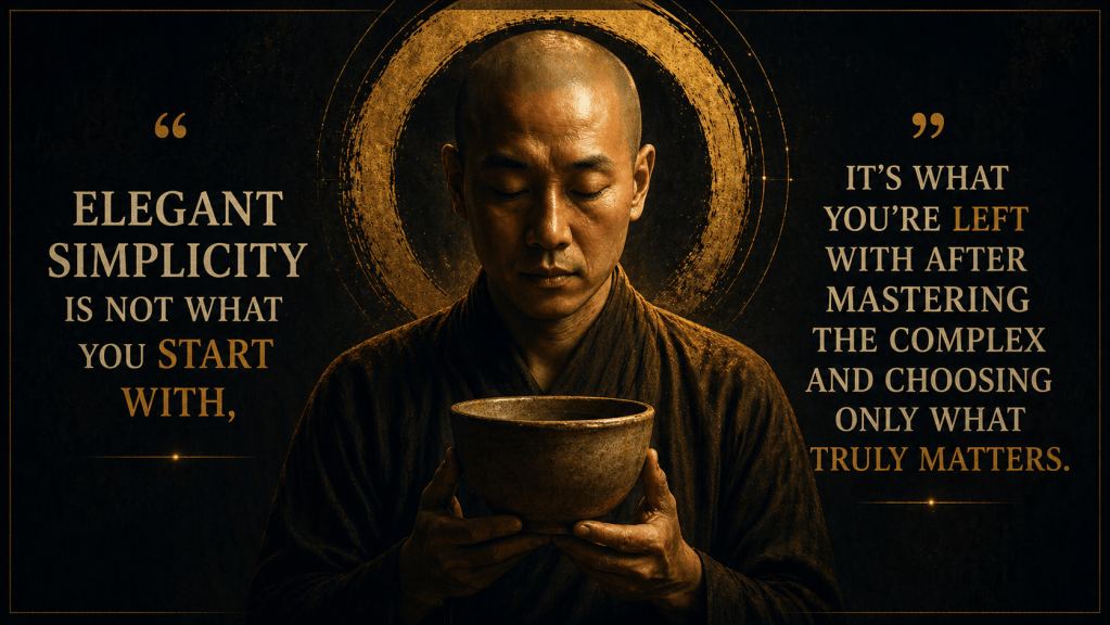 A serene monk holding a bowl, with elegant typography that quotes about simplicity and mastery against a dark, textured background.