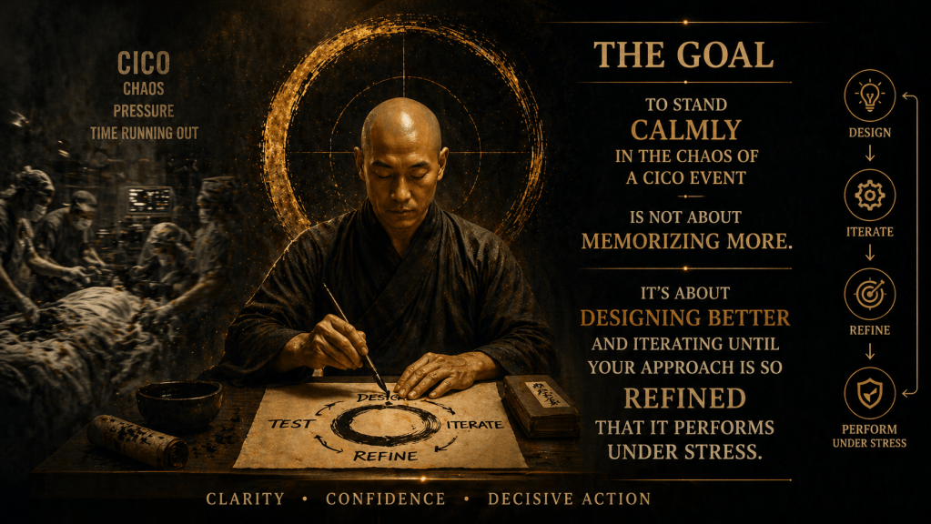 A serene monk in traditional attire, focused on creating a design with ink on parchment, symbolizing calmness amidst chaos. The background features a chaotic emergency room setting, highlighting pressure and time constraints. Text elements emphasize the importance of designing, iterating, and refining approaches for performance under stress.
