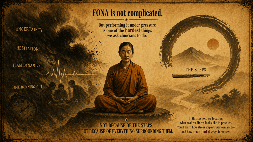 An illustration depicting a serene figure meditating, surrounded by concepts like uncertainty, hesitation, and team dynamics. The text emphasizes the challenges of performing under pressure in clinical situations.