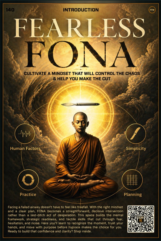 An illustrated poster titled 'Fearless FONA' featuring a serene monk meditating, surrounded by ethereal light and elements representing human factors, practice, simplicity, and planning. The text emphasizes cultivating a mindset to navigate chaotic situations and make decisive interventions.