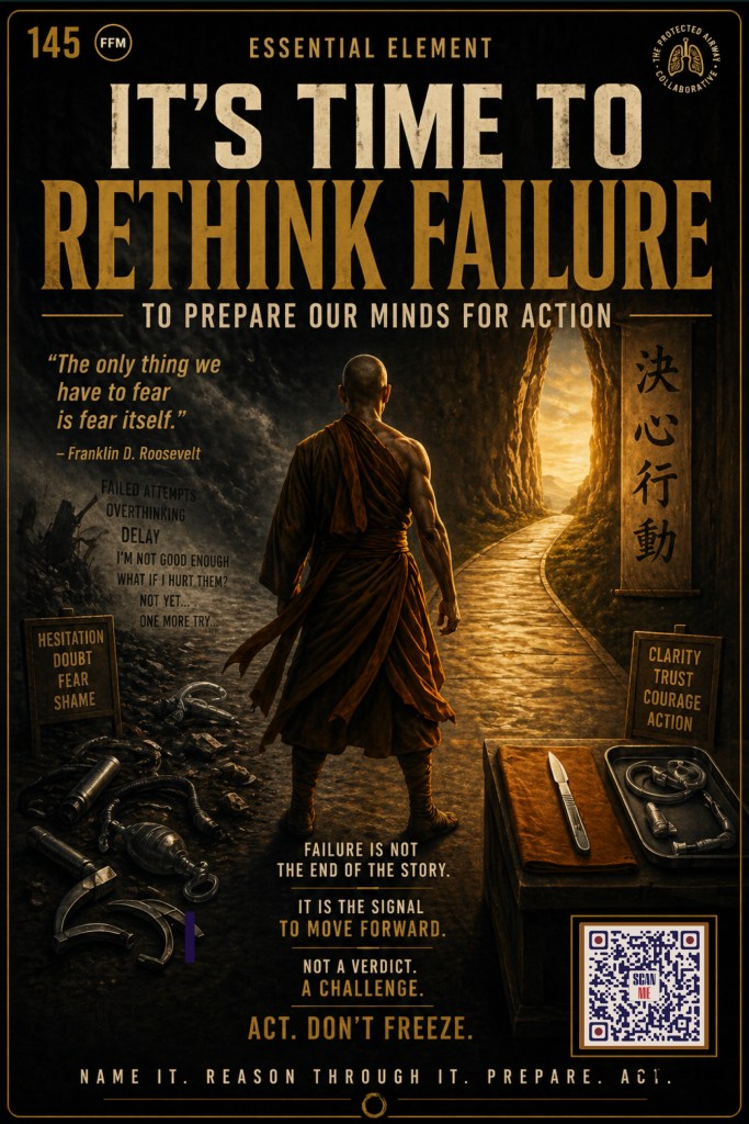 A motivational poster featuring a monk standing on a path leading to a bright light, with the text 'It's Time to Rethink Failure' and various inspirational quotes about overcoming fear and failure.