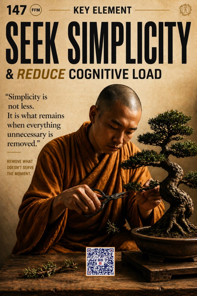 A serene scene featuring a person in a brown robe carefully pruning a bonsai tree, emphasizing the theme of seeking simplicity and reducing cognitive load.
