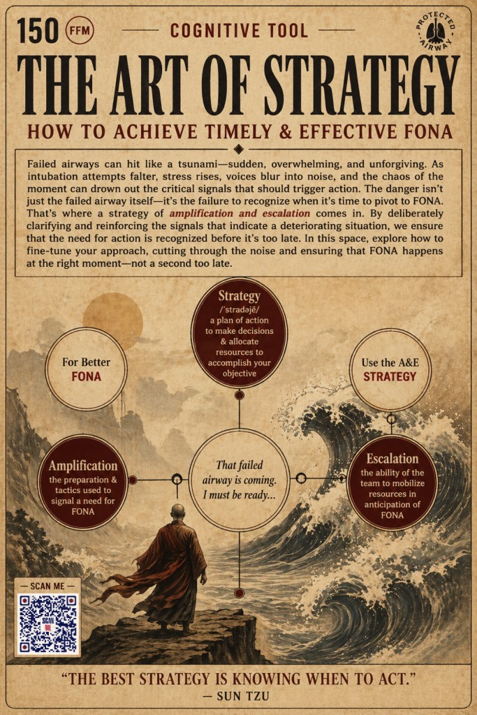 An educational infographic titled 'The Art of Strategy: How to Achieve Timely & Effective FONA,' discussing airway management strategies including amplification and escalation, with key concepts and definitions presented visually.