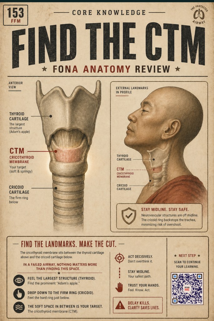 Anatomy diagram illustrating the thyroid cartilage, cricoid cartilage, and cricothyroid membrane in a human neck, with instructions for identifying anatomical landmarks for emergency procedures.
