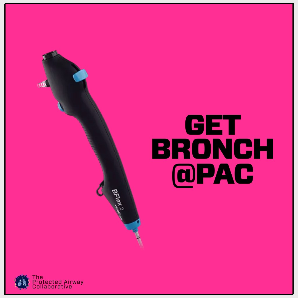 A black bronchoscopy instrument with blue accents, displayed against a bright pink background. Text on the image reads 'GET BRONCH @PAC'.