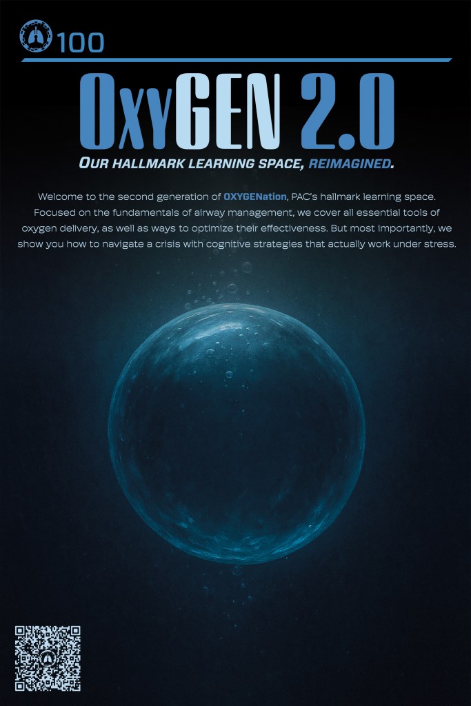 Image featuring the title 'OxyGEN 2.0' with a focus on airway management and cognitive strategies in crisis situations, highlighting the second generation of a learning space. Includes a visual of a bubble and a QR code in the corner.