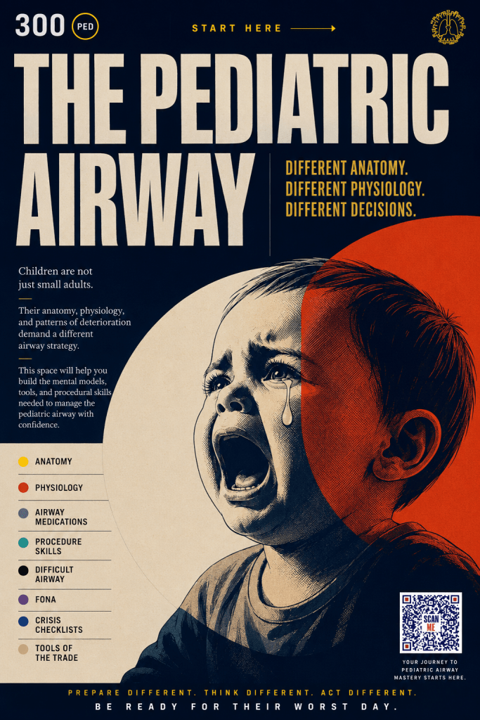 An educational poster titled 'The Pediatric Airway,' featuring a crying child, emphasizing the different anatomical and physiological needs for pediatric airway management. It highlights the importance of tailored medical approaches for children.