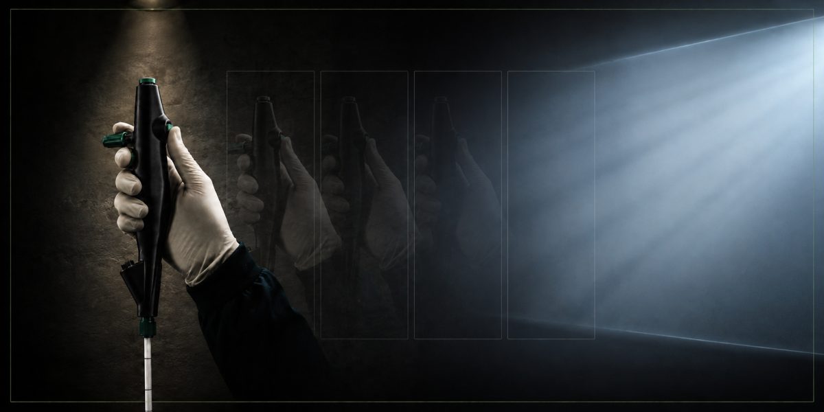 A gloved hand holds a flexible bronchoscope under a warm spotlight. Repeated scope-and-hand images fade through outlined frames, ending in two empty frames washed by cool rectangular light.
